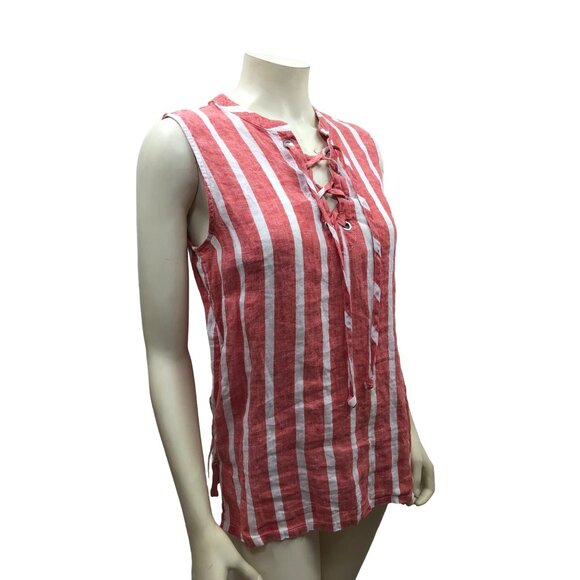Christian Siriano Red & White Striped‎ Sleeveless Lace-Up Linen Top Sm - Picture 3 of 6